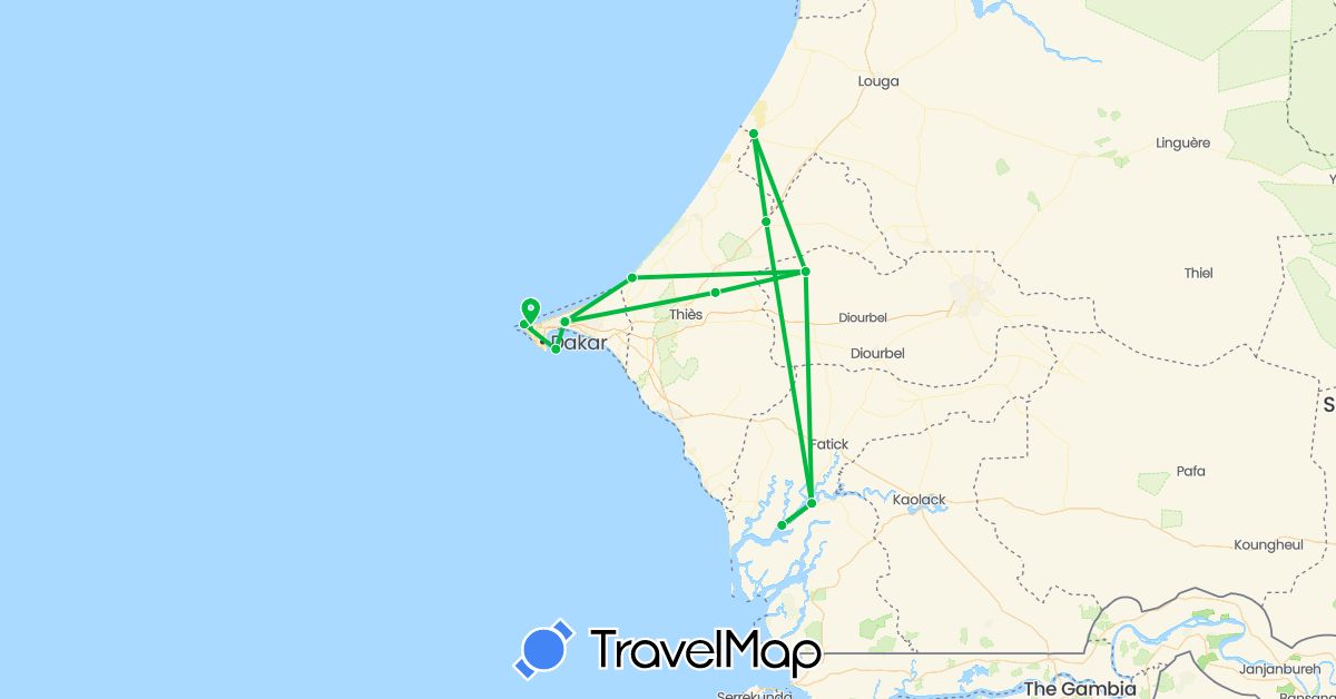 TravelMap itinerary: bus, plane in Senegal (Africa)